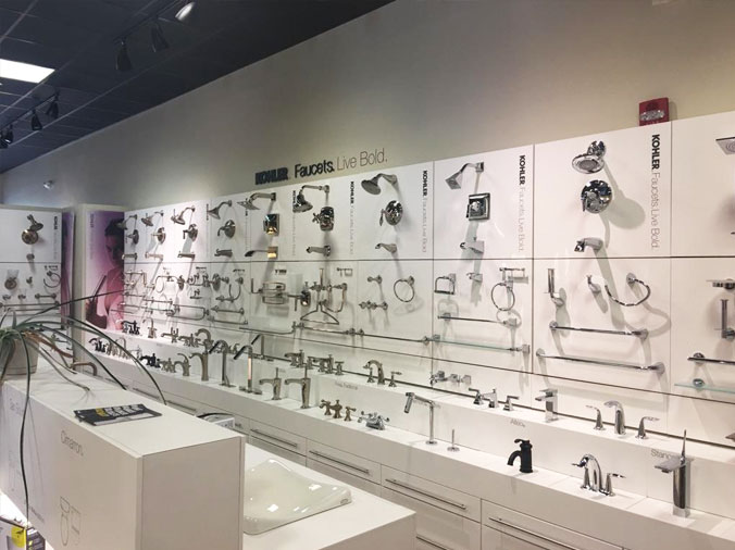 Faucets and fixtures in a plumbing supply showroom in Raleigh NC