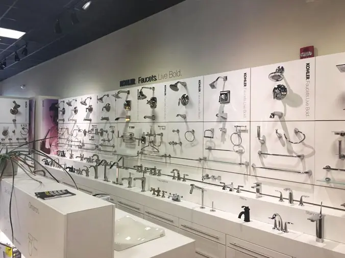 Faucets and fixtures in a plumbing supply showroom in Raleigh NC